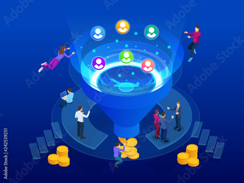 Isometric sales funnel elements. Business infographics template. Online funnel generation sales for digital marketing and e-business technology. Vector illustration