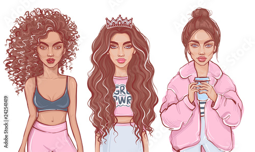 Stylish girls in fashion clothes. Hand drawn beautiful girl. Fashion women.