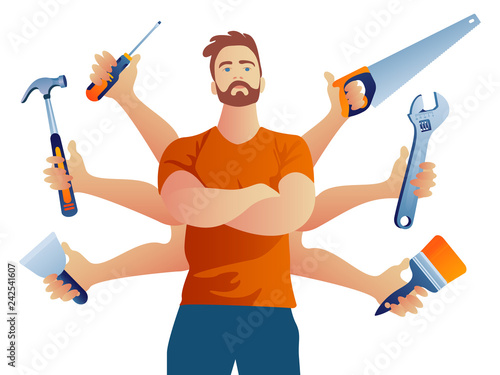 Multi-armed Builder repairman. Technical service vector illustration.