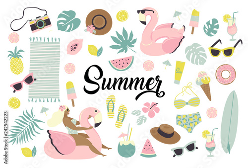 Set of cute summer icons food, drinks, ice cream, fruits, sunglasses, palm leaves and flamingo inflatable swimming pool ring.
