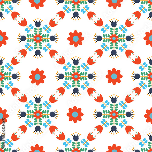 Vector Modern Scandi Daisy Floral Seamless pattern background Repeat Wallpaper Red and Blue