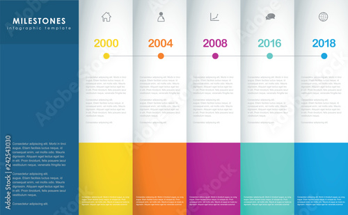 Infographic template with colorful icons line up beside timeline.