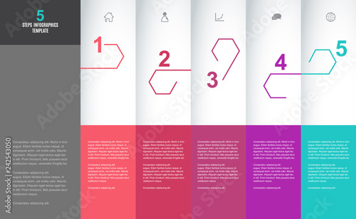 Six colorful hexagon vector progress steps illustration with icons and place for your company information. It can be used for presentation, web design, quotes, survey, banner, study.