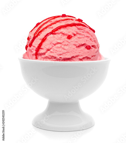 Canvas-taulu Strawberry ice cream scoop with syrup, sauce or sherbet in bowl isolated on whit