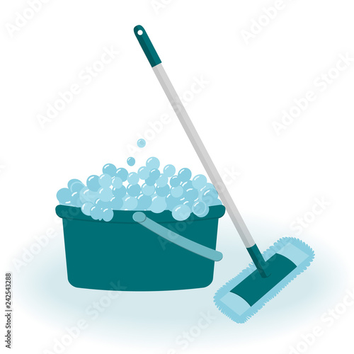Tools for housekeeping: a cute green bucket with soapy foam, MOP with grey handle and blue cloth. Vector illustration