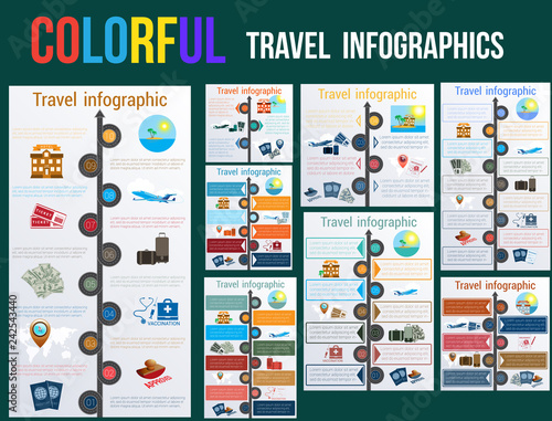 Tourism and travel concept in infographics. Templates 3,4,5,6,7,8,9,10 positions.