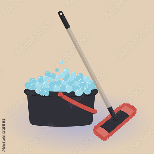 Tools for housekeeping: a cute brown bucket with soapy foam, MOP with grey handle and coral cloth. Vector illustration