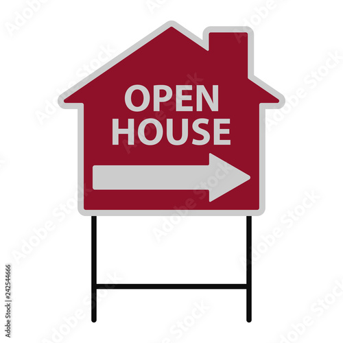 Open House Sign Illustration - Red and white sign shaped like a house with white arrow pointing right and open house text