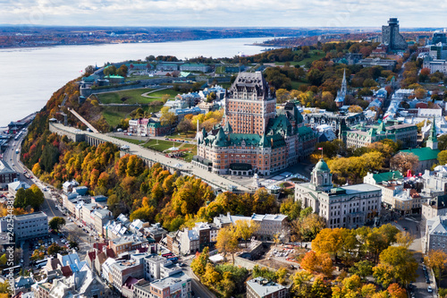 Aerial view of Quebec City showing architectural landmark Frontenac Castle in the Fall season, Quebec, Canada.