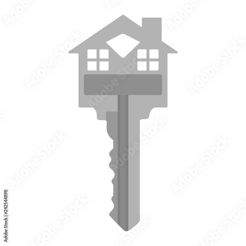 Silver House Shaped Key Illustration - Silver key with top portion designed to resemble a house concept or logo