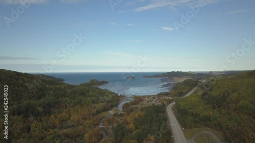 Aerial panoramic landscape view of Bic National Park during a vibrant sunny day. Taken in Le Bic, Rimousky, Quebec, Canada. photo