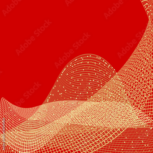 Abstract Striped Pattern with Waves. Golden Grids Isolated on Red Background.