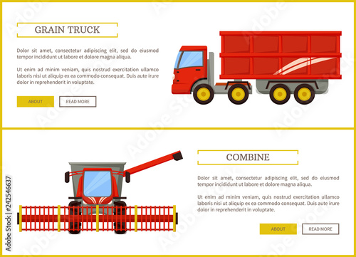 Grain Truck and Combine Set Vector Illustration