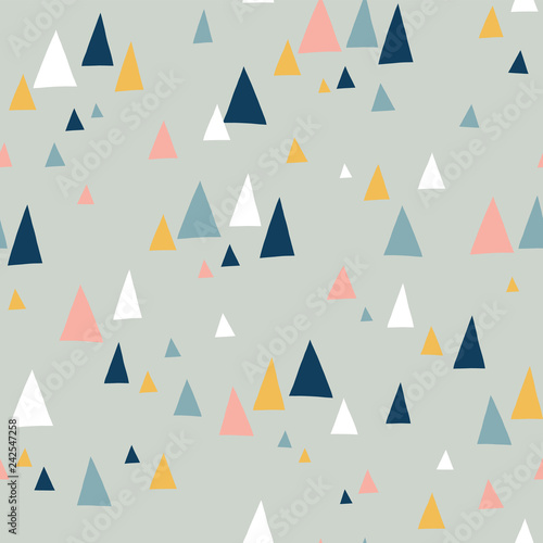 Triangle mountains seamless vector pattern in scandinavian style. Decorative background with landscape elements. Abstract texture gray, pink, teal, blue, white. Use for fabric, digital paper, decor.