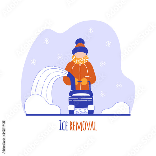 Man cleans the tracks by snowblower in winter. Vector illustration