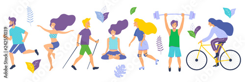 Healthy lifestyle. Different physical activities: running, roller skates, dancing, bodybuilding, yoga, fitness, scooter, nordic walking. Flat vector illustration.
