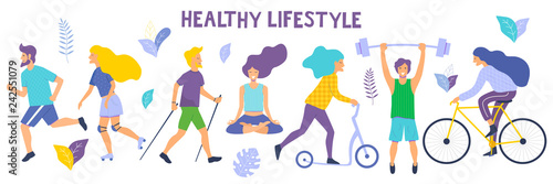 Healthy lifestyle. Different physical activities: running, roller skates, dancing, bodybuilding, yoga, fitness, scooter, nordic walking. Flat vector illustration.