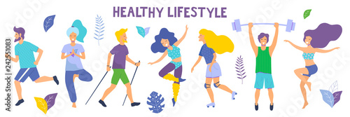 Healthy lifestyle. Different physical activities: running, roller skates, dancing, bodybuilding, yoga, fitness, scooter, nordic walking. Flat vector illustration.