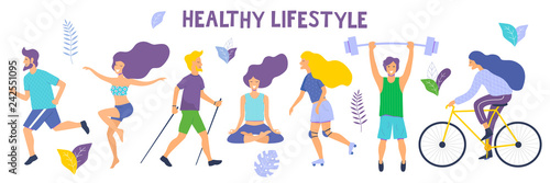 Healthy lifestyle. Different physical activities: running, roller skates, dancing, bodybuilding, yoga, fitness, scooter, nordic walking. Flat vector illustration.