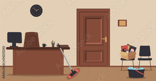 Concept of cleaning office or reception area or moving in new office.Wooden door,sign,table,monitor,cardboard box with stationery,wall clock,cup of coffee.MOP and bucket,soapy foam.Vector illustration