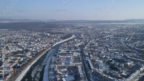 Aerial view of city Uzhhorod in winter photo