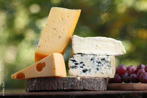 Fotografie Camembert, brie, hard cheese and blue cheese on wooden board
