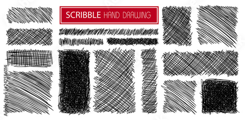 Set of hand drawn scribble symbols isolated on white. Doodle style sketches. Shaded and hatched badges. Monochrome vector design elements.