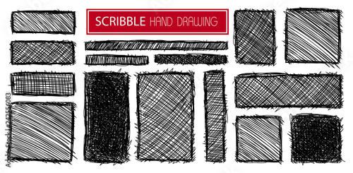 Set of hand drawn scribble symbols isolated on white. Doodle style sketches. Shaded and hatched badges. Monochrome vector design elements.