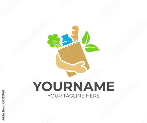 Arm holds a grocery paper bag with salad plant, dairy product, bread and leaves, logo design. Organic, natural and eco food, meal store or market, vector design and illustration
