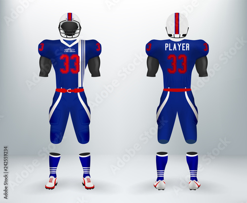 3D realistic of font and back of blue and white American rugby football jersey uniforms sets. Concept for  American football apparel mock up for collage championships in vector illustration 