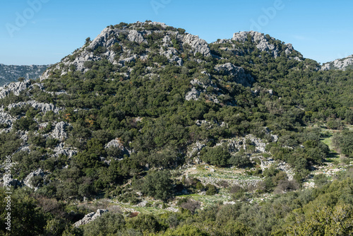 Rocky hill topped by ruins of a fortified citadel on the Bozburun peninsula in Mugla province of Turkey. photo