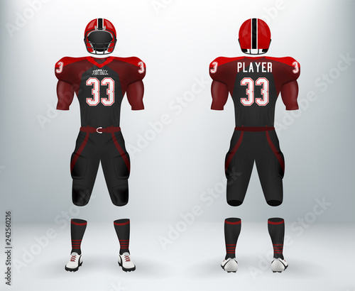 3D realistic of font and back of black and red American rugby football  jersey uniforms sets. Concept for template of American football apparel  mock up for collage championships in vector illustration Stock