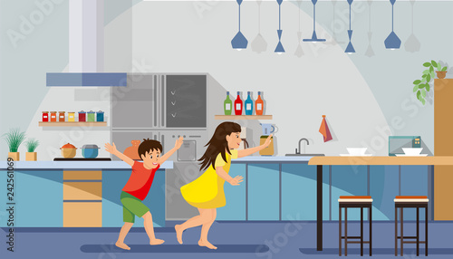 Happy Children Playing on Kitchen Flat Vector