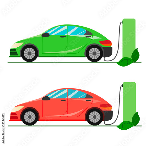 A green and red electric car charging at the charger station. Electromobility e-motion concept.Flat vector illustration. Set