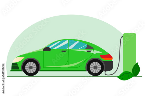 A green electric car charging at the charger station. Electromobility e-motion concept.Flat vector illustration.