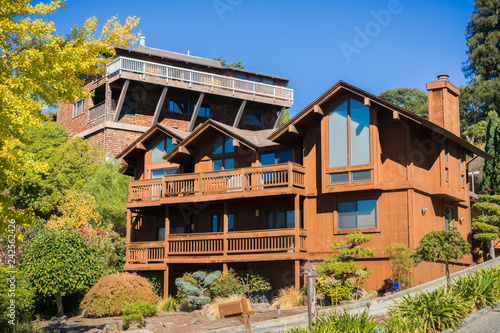 House in a residential neighborhood of Oakland, San Francisco bay on a sunny autumn day, California