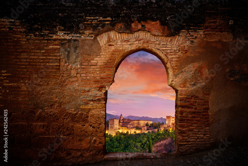 Alhambra sunset arch Granada illustration