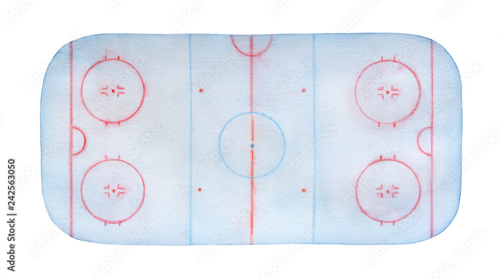 Frosty ice hockey rink watercolour with lines, marks, circles, zones