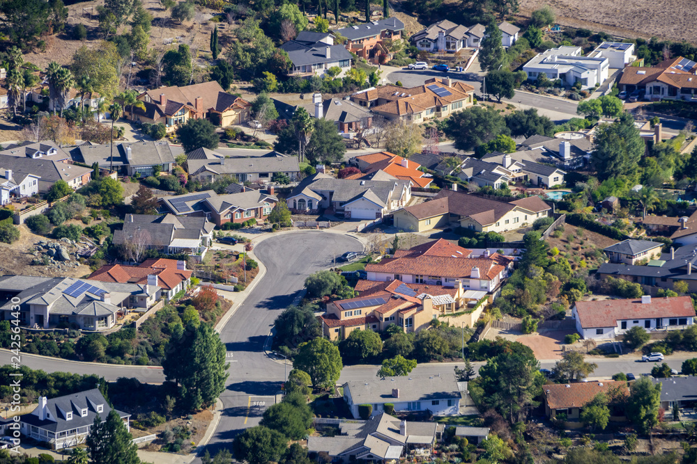 Aerial view of a residential neighborhood in north San Luis Obispo, central California