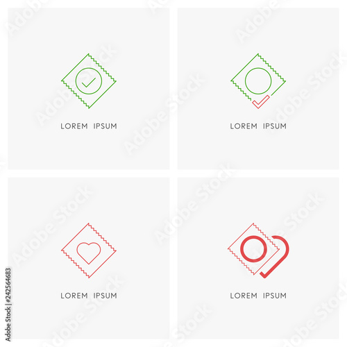 Condom symbol set with checkmark and heart - contraception, protection and safety, love and safe sex vector icons.