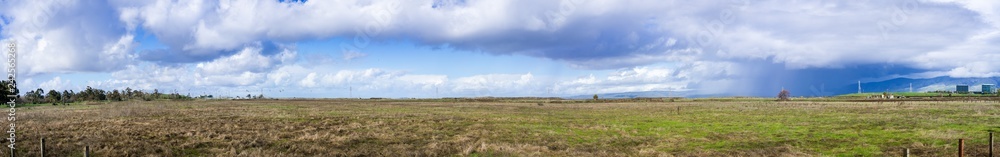 Panoramic view of the grasslands in Baylands Park on a rainy day, Sunnyvale, Santa Clara county, California Panoramic view of the grasslands in Baylands Park on a rainy day, Sunnyvale, Santa Clara county, California