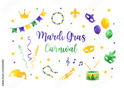 Mardi Gras traditional symbols collection whis carnival masks, party decorations. Watercolor silhouettes mardi gras elements for cards, banner. Vector illustration isolated on white background.