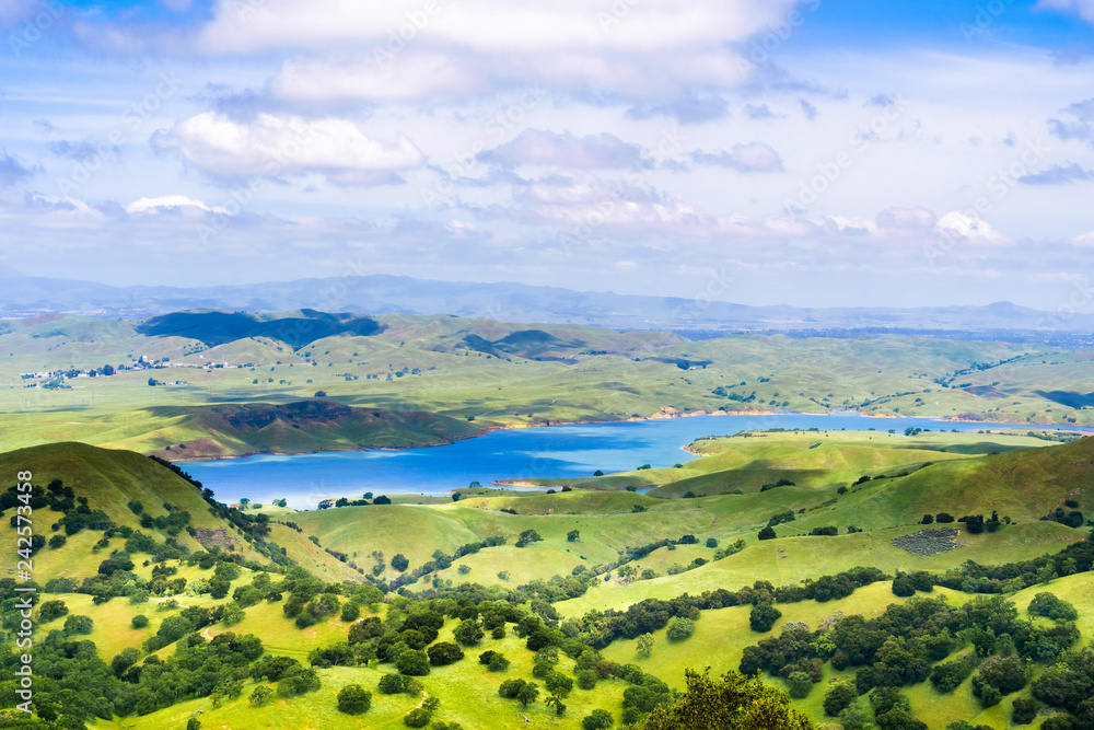 San Antonio reservoir surrounded green hills, Sunol, Alameda county, San Francisco bay area, California