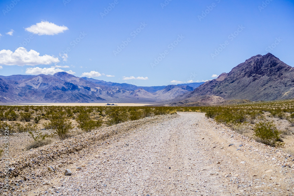 Travelling on an unpaved road through a remote area of Death Valley National Park; Racetrack Playa, mountains and blue sky in the background; California Travelling on an unpaved road through a remote area of Death Valley National Park; Racetrack Playa, mountains and blue sky in the background; California