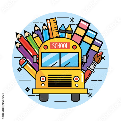school bus with pencils colors and ruler