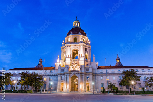 Night view of the beautiful facade of the historical City Hall building of Pasadena, Los Angeles county, California; the building was completed in 1927; photo
