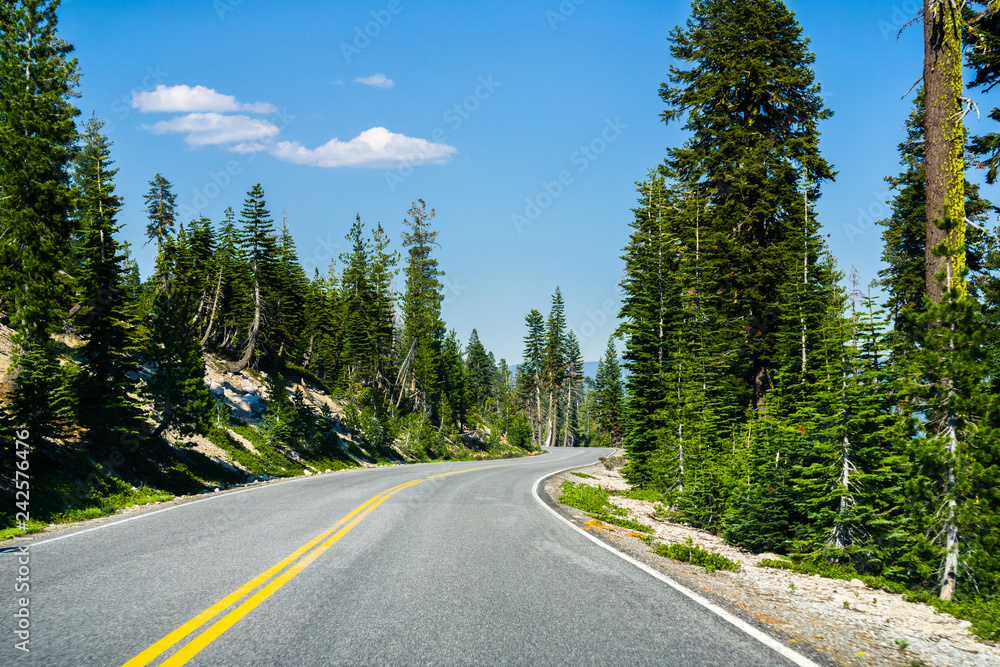 Travelling on a winding road through the evergreen forests of Lassen Volcanic National Park, Shasta County, California