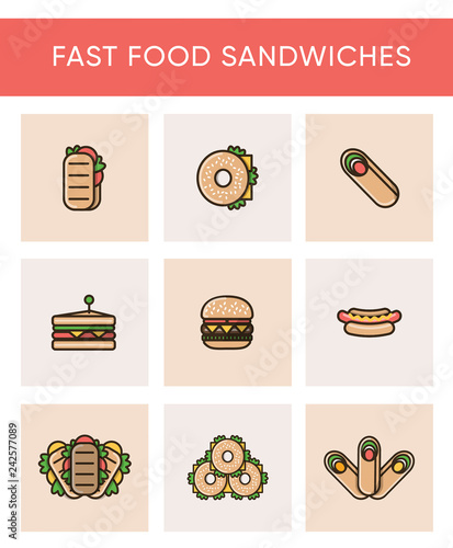 Fast food sandwiches icon set