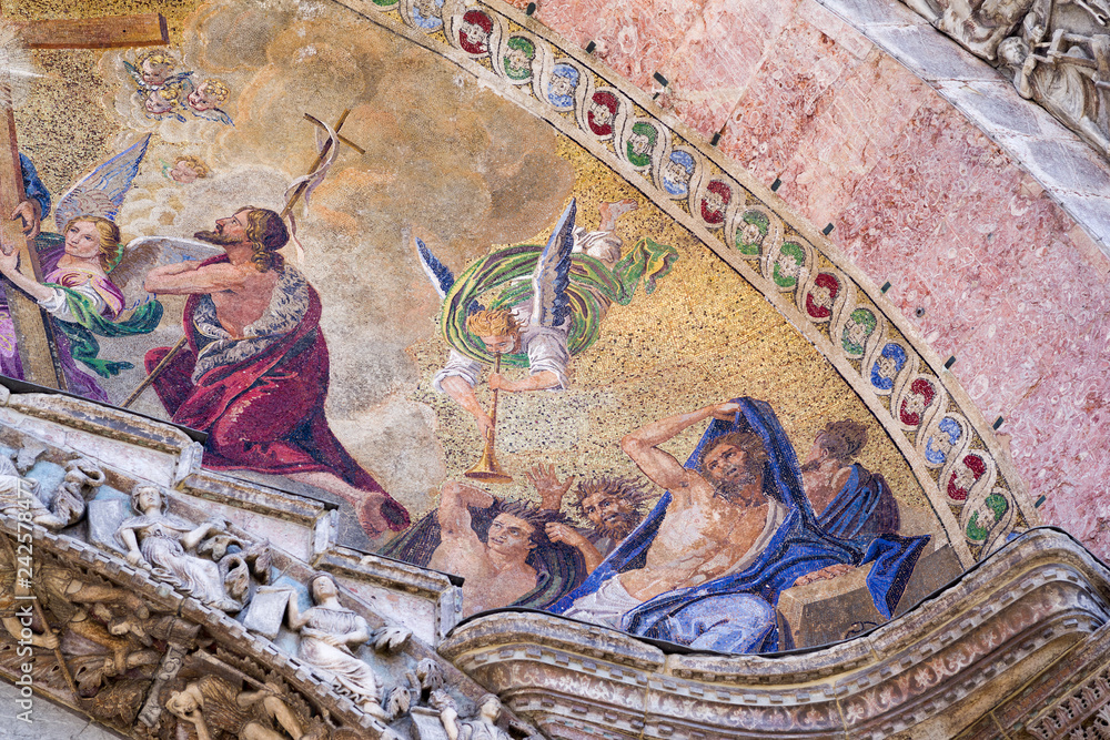 Detail of the Last Judgement mosaic on the exterior of St. Mark's Basilica in Venice, Italy