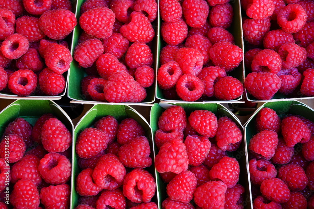 Fresh raspberries in containers at a farmers market Fresh raspberries in containers at a farmers market